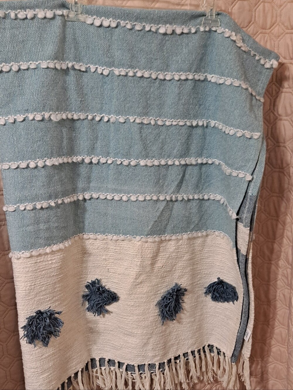 Foreside Throw Blsnket Blue & Cream Tassel Fringe Decorative 8 Poms 50x60